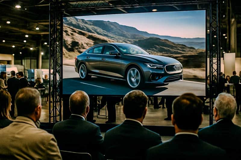 feria industrial mostrando un video