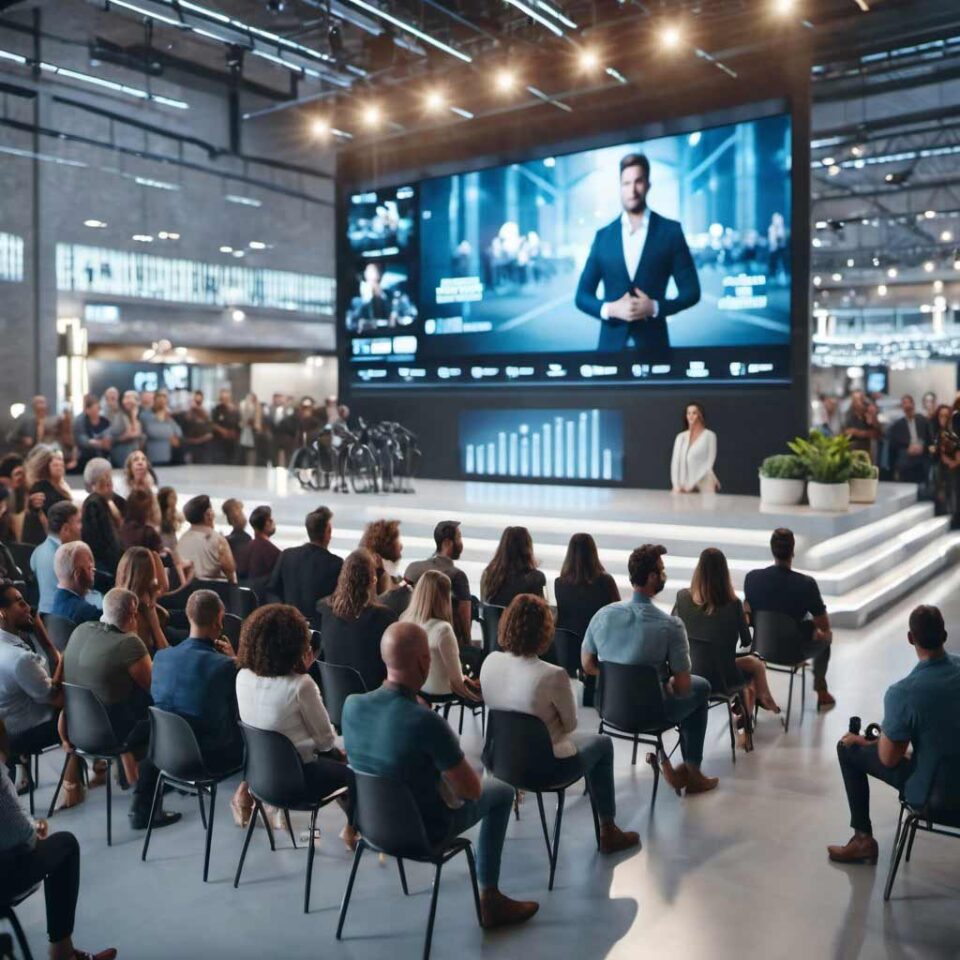 un grupo de asistentes a un evento visualiza un video